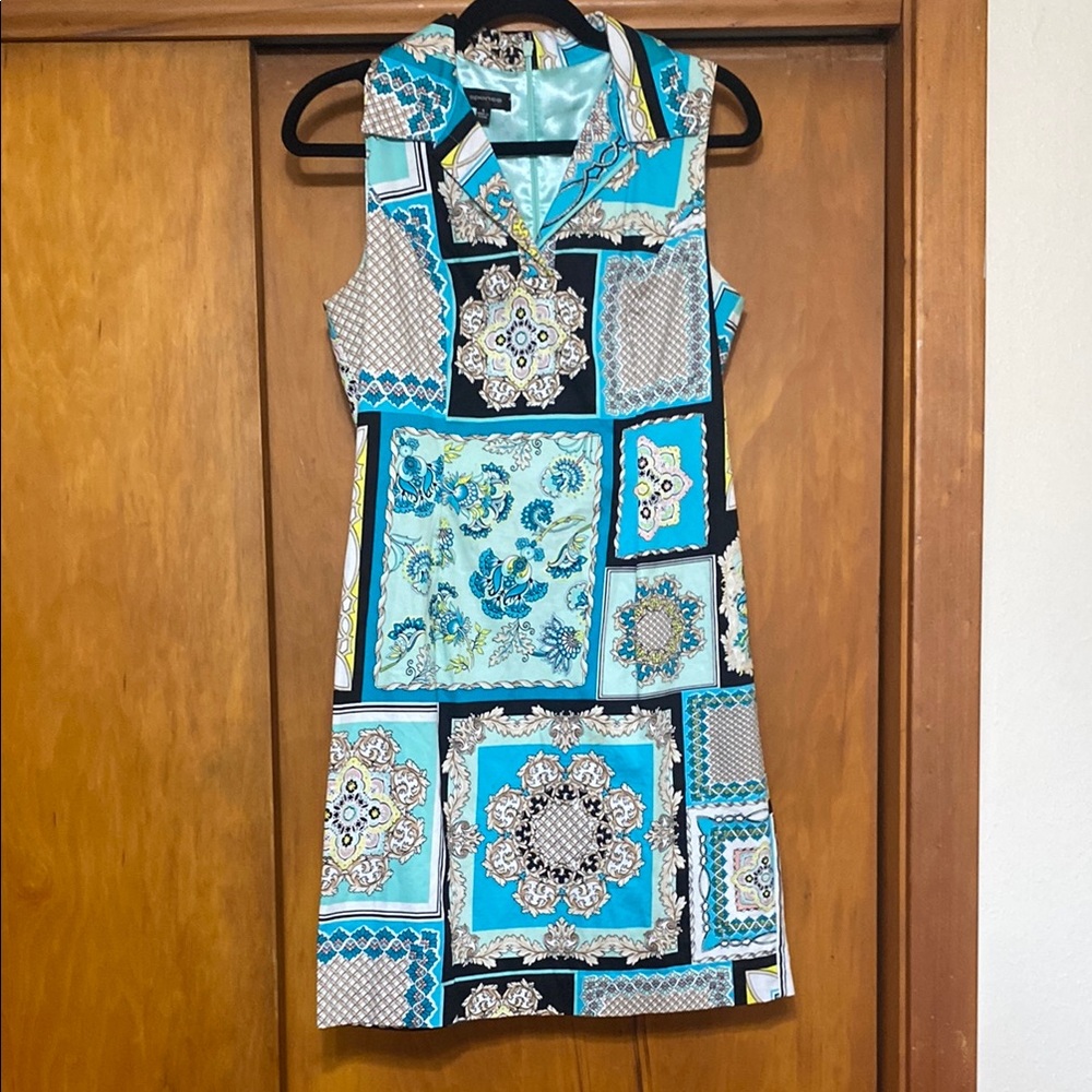 Turquoise & Black Patchwork Pattern Sleeveless Dress Collar Cottage Summer